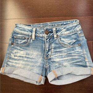 American Eagle Outfitters Blue Denim Shorts with Distressed Look and Cuffed Hem